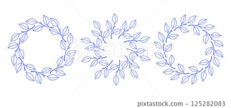 Mediterranean blue branches circle frame set. Hand drawn round line border, leaves and flowers, wedding invitation and cards, logo design and posters template. Elegant minimal style floral set Mediterranean blue branches circle frame set. Hand drawn round line border, leaves and flowers, wedding invitation and cards, logo design and posters template. Elegant minimal style floral set 125282083
