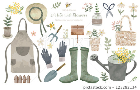 一組粗略繪製的水彩花卉和園藝材料 125282134