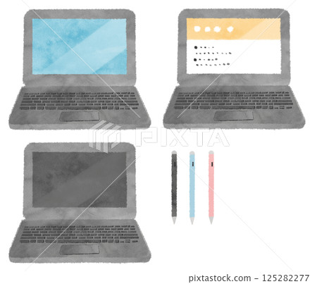 Set of watercolor textured illustrations of a front view open laptop and a touch pen 125282277