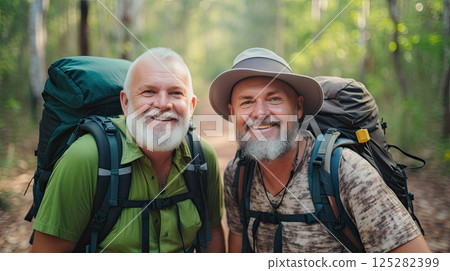Amidst towering mountains, two elderly men find solace in the simplicity of hiking. Their backpacks carry not only supplies but also the weight of cherished memories, laughter, and a friendship that Amidst towering mountains, two elderly men find solace in the simplicity of hiking. Their backpacks carry not only supplies but also the weight of cherished memories, laughter, and a friendship that 125282399