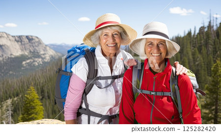 Active lifestyle of these retired women as they embrace the joy of backpacking. Surrounded by nature's wonders, they radiate happiness and inspire others to pursue their passions, regardless of age. Active lifestyle of these retired women as they embrace the joy of backpacking. Surrounded by nature's wonders, they radiate happiness and inspire others to pursue their passions, regardless of age. 125282420