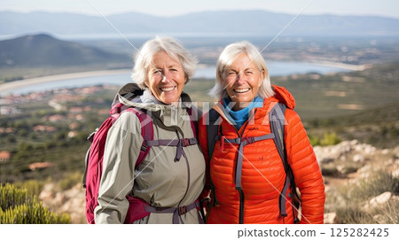 Active lifestyle of these retired women as they embrace the joy of backpacking. Surrounded by nature's wonders, they radiate happiness and inspire others to pursue their passions, regardless of age. 125282425