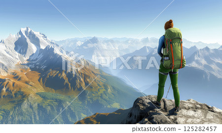 Hiking and digital detox concept. A lonely woman enjoys the view of the summer mountains while he standing on a mountain peak. Contemplation of nature alone with your thoughts Hiking and digital detox concept. A lonely woman enjoys the view of the summer mountains while he standing on a mountain peak. Contemplation of nature alone with your thoughts 125282457