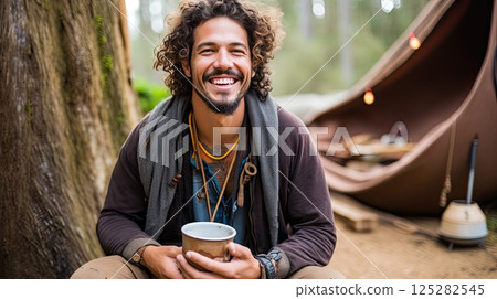 Happiness is being alone with yourself. A young cheerful Caucasian man enjoys a morning mug of coffee near his tent, alone with nature. The breath of the morning foggy forest and the spirit of freedom Happiness is being alone with yourself. A young cheerful Caucasian man enjoys a morning mug of coffee near his tent, alone with nature. The breath of the morning foggy forest and the spirit of freedom 125282545