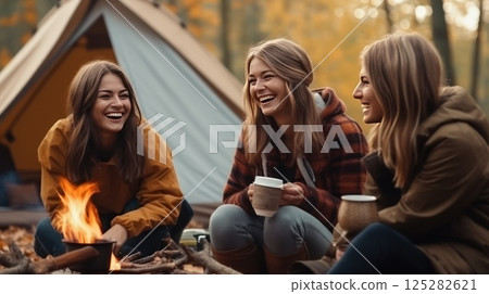 Group of adventurous female hikers kindled campfires embracing spirit of wilderness. Fellow hikers ignited fire campfire sense of adventure and camaraderie. Close friends tackled rugged mountain route 125282621