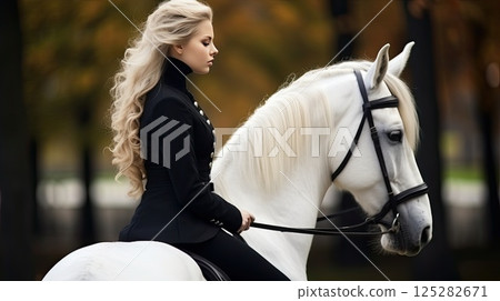 Dressage horse portrait before the competition. Cropped photo in autumn forest. Dressage horse portrait before the competition. Cropped photo in autumn forest. 125282671