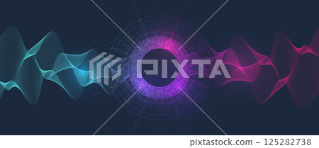 Scientific illustration quantum computer technology. Plexus fiction effect. Deep learning artificial intelligence. Big data algorithms visualization. Quantum explosion background. 125282738