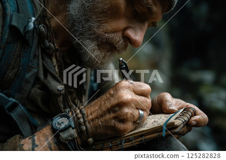 Cropped photo of a man takes notes in a paper notebook while hiking. Immersed in nature, the man takes notes in his paper notebook, documenting the essence of his hiking adventure. Cropped photo of a man takes notes in a paper notebook while hiking. Immersed in nature, the man takes notes in his paper notebook, documenting the essence of his hiking adventure. 125282828