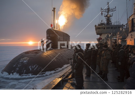 Nuclear war. Beginning. Launch of a nuclear ballistic intercontinental missile from submarine. The submarine releases a nuclear ballistic missile, unleashing a weapon of massive global devastation. 125282916
