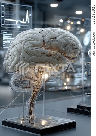 Human brain with wires and sensors. The birth of artificial intelligence. Digitalization of thinking. Sensors on the brain signal the evolution of digitalized human thinking. 125282929
