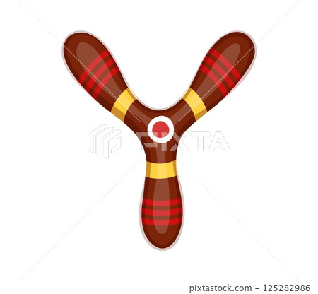 Cartoon letter Y as wooden boomerang, sport font, soccer and football typeface, funny type, kid English alphabet character represents traditional throwing tool. Abc for children learning and fun games 125282986