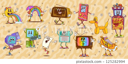Retro groovy characters of cartoon psychedelic hippie rainbow, vintage radio and tv set. Vector groovy smile personage, retro desktop computers and floppy disk, funny sneakers and balloon dog 125282994
