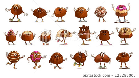 Groovy chocolate candy and sweets characters, vector retro dessert food. Cartoon psychedelic chocolate candy, praline and truffle personages. Groovy round, square, heart and seashell shaped bonbons Groovy chocolate candy and sweets characters, vector retro dessert food. Cartoon psychedelic chocolate candy, praline and truffle personages. Groovy round, square, heart and seashell shaped bonbons 125283003