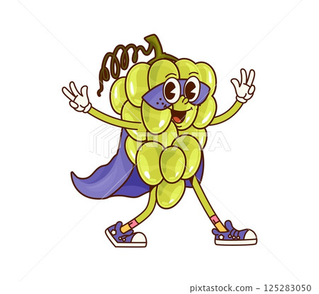 Groovy superhero grapes fruit character in cape and mask. Cartoon vector funny berry defender retro personage flashing peace signs. Cheerful fairytale healthy food, brave bunch of grape garden plant 125283050