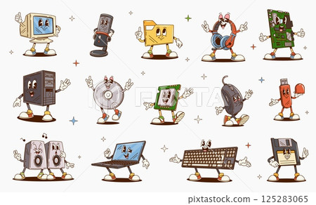 Groovy computer device characters. Cartoon retro hippie personages of desktop pc and laptop electronic equipment. Vector groovy keyboard, monitor, usb and microphone, motherboard, mouse and headphones 125283065