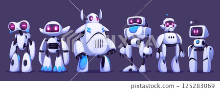 Futuristic robots or cartoon droid mascot characters and cosmic monsters, vector alien cyber bots. Funny digital droids and futuristic robots with display faces, cute electronic creature characters 125283069