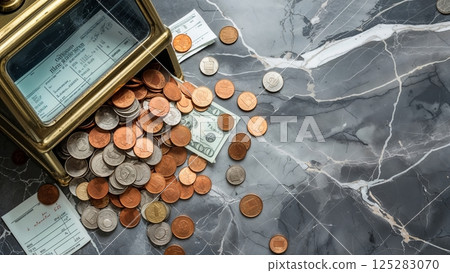 Coins and bills scatter across a marble table with a vintage cash register and slips of paper nearby in a dimly lit room Coins and bills scatter across a marble table with a vintage cash register and slips of paper nearby in a dimly lit room 125283070