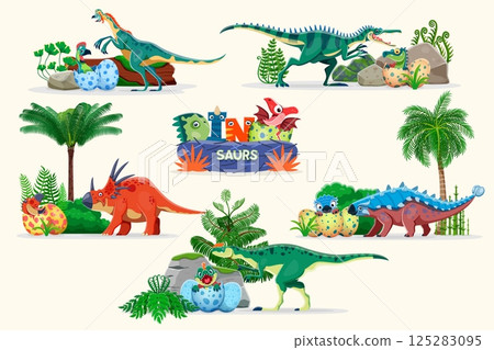 Prehistoric mother dinosaurs with kids in eggs. Cartoon vector charming dino family moms oviraptor, baryonyx, styracosaurus, kileskus, ankylosaurus and their babies nesting with the vivid eggshells 125283095