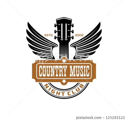 Country music icon for night club or bar with guitar and wings, vector emblem. Country music sign for concert or musical band and Western nightclub or American saloon, and recording studio label Country music icon for night club or bar with guitar and wings, vector emblem. Country music sign for concert or musical band and Western nightclub or American saloon, and recording studio label 125283122