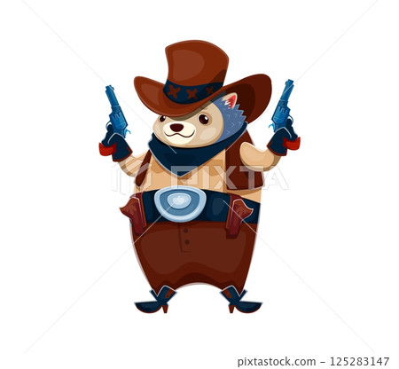 Hedgehog cowboy or Western sheriff and robber bandit with revolver guns, vector cartoon character. Funny hedgehog animal in cowboy hat and kerchief as Western ranger or Texas sheriff and outlaw robber 125283147