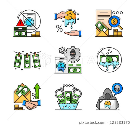 Color AML or anti money laundering icons of crime economic and finances, vector symbols. AML icons of financial fraud and corruption bribes and cyber scam for banking transparency and anti laundering 125283170
