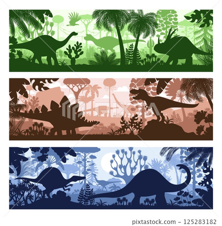 Prehistoric dinosaur silhouettes in tropical jungle forest, vector banners. Jurassic era dinosaur or T Rex tyrannosaurus with lizards and prehistoric reptiles silhouettes of dino animals in forest Prehistoric dinosaur silhouettes in tropical jungle forest, vector banners. Jurassic era dinosaur or T Rex tyrannosaurus with lizards and prehistoric reptiles silhouettes of dino animals in forest 125283182