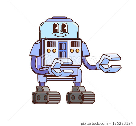 Cartoon groovy robot, retro droid or robotic transformer character, vector personage. Groovy robot with funny face and gripper mechanic hands, comic retro android or futuristic space cyborg character Cartoon groovy robot, retro droid or robotic transformer character, vector personage. Groovy robot with funny face and gripper mechanic hands, comic retro android or futuristic space cyborg character 125283184
