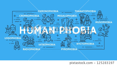 Human phobia, mental health and psychology problems in line icons, vector poster. Phobia types and mental disorders with panic of psychological fears as chronophobia or cremnophobia and pyrophobia Human phobia, mental health and psychology problems in line icons, vector poster. Phobia types and mental disorders with panic of psychological fears as chronophobia or cremnophobia and pyrophobia 125283197
