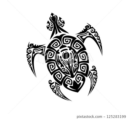 Maori tribal turtle tattoo or reptile animal with Polynesian pattern or Hawaiian ornament, vector art design. Celtic or Maori tribal tattoo of sea turtle with symmetric intricate sharp lines ornament 125283199
