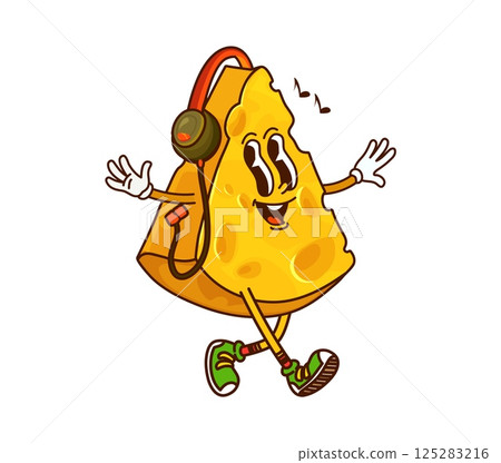 Cheese groovy funny character listening music. Edam hard cheese piece funny mascot, emmental milk product vintage groovy vector character. Cheddar dairy food cartoon cute character wearing headphones 125283216