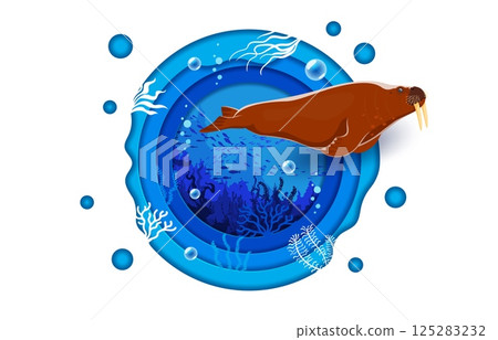 Paper cut underwater landscape with walrus character and fishes silhouette, vector banner. Ocean undersea or sea underwater life with cartoon walrus and fishes of coral reef in paper cut water 125283232