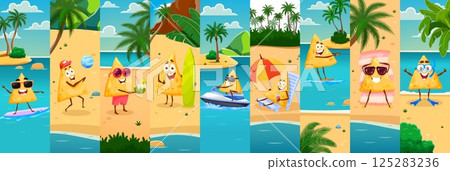 Nachos chips characters on summer vacation at ocean or sea beach, vector cartoon collage. Funny happy nacho chips, playing volleyball, tanning in the sun and snorkeling or swimming on tropical island 125283236