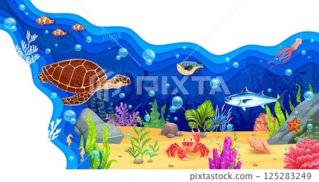 Underwater landscape paper cut banner with funny sea turtle, tuna, squid and fish shoals. Cartoon sea animals characters on coral reef bottom underwater landscape with vector 3d paper cut borders Underwater landscape paper cut banner with funny sea turtle, tuna, squid and fish shoals. Cartoon sea animals characters on coral reef bottom underwater landscape with vector 3d paper cut borders 125283249