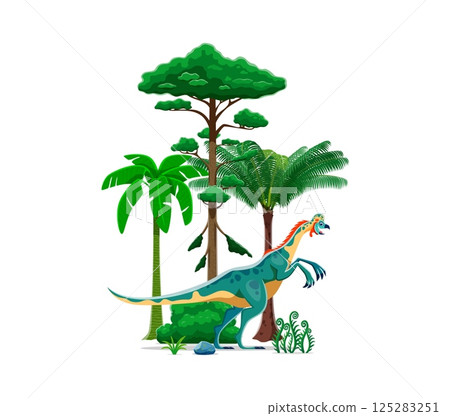 Oviraptor prehistoric dinosaur character in natural landscape with ferns and trees. Isolated cartoon vector ancient reptile animal, bird like theropod dino that lived during the Late Cretaceous period 125283251