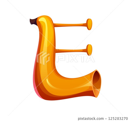 Cartoon musical font letter E resemble a brass trumpet, music instruments typeface, entertainment funny type, English alphabet symbol. Isolated vector musician brass equipment, playful typography 125283270