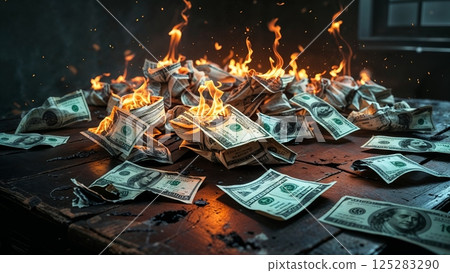 Burning money creates a surreal display of destruction and loss in dimly lit environment 125283290