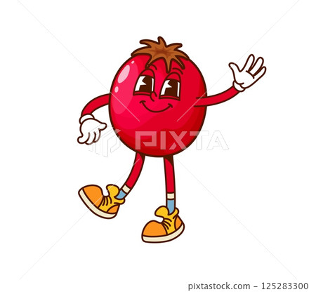 Cartoon groovy cranberry berry character happily waving and dancing. Isolated vector cool red berry fruit retro personage wearing retro hippie sneakers and exuding laid back funky y2k vintage vibes 125283300