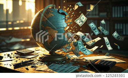 Broken globe emitting cash symbolizes economic upheaval and instability in a cluttered workspace 125283301