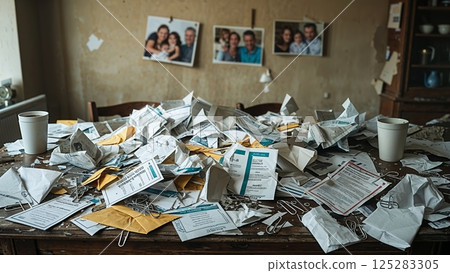 Cluttered table filled with papers and envelopes in a home office during daylight hours 125283305