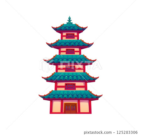 Cartoon Asian tower building. Traditional pagoda with multiple tiers, curved roofs and red accents. Isolated vector chinese or japanese temple, architecture of China or Japan religious shrine landmark 125283306