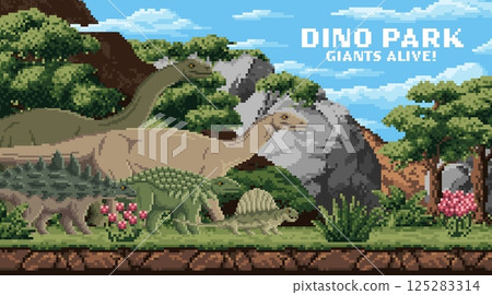 8bit pixel dino park landscape with giant dinosaurs and prehistoric lizards, vector background. Cartoon 8 bit pixel art Jurassic lizards and reptiles in jungle forest for dinosaur game or dino park 125283314