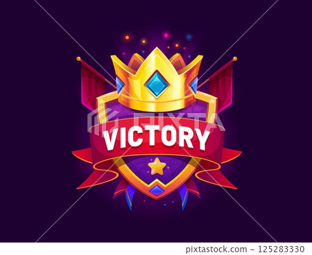 Heraldic game victory badge of golden crown on shield, vector GUI banner. Victory badge or winner award with golden crown, pennant flags and ribbon for casino poker gamble win or level completed badge Heraldic game victory badge of golden crown on shield, vector GUI banner. Victory badge or winner award with golden crown, pennant flags and ribbon for casino poker gamble win or level completed badge 125283330