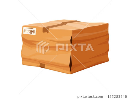 Damaged and crumpled cargo cardboard box cartoon. Damaged dirty paper box, ripped wet isolated vector cargo parcel. Destroyed crushed shipping package cartoon or broken crumpled delivery container 125283346