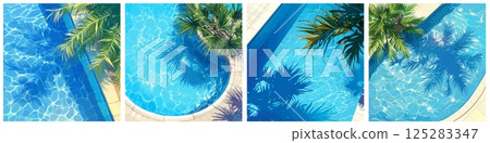 swimming pools cartoon set. pool background, azure blue water vacation recreation realistic tropics palm tree top view vector illustration 125283347
