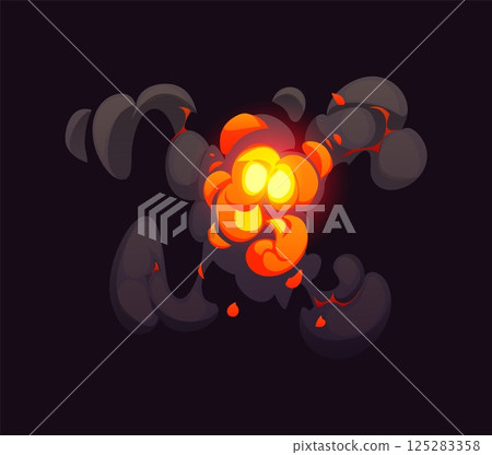Cartoon bomb explosion blast effect, comic fire and smoke boom cloud. Vector dynamic and fiery explode burst, comic explosion effect with glowing orange and yellow flames, surrounded by dark smoke Cartoon bomb explosion blast effect, comic fire and smoke boom cloud. Vector dynamic and fiery explode burst, comic explosion effect with glowing orange and yellow flames, surrounded by dark smoke 125283358