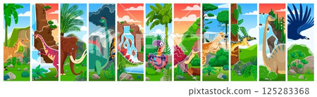 Cartoon dinosaur and baby dino in egg characters collage. Vector cute mammoth, velociraptor, diplodocus and stegosaurus dinosaur personages with prehistoric jungle, volcano and waterfall background 125283368