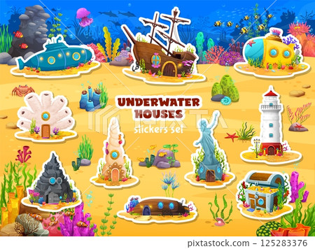 Stickers pack of fairytale underwater sea house buildings. Cartoon fairy houses on sea bottom vector background with fish shoal. Cute sunken ship, submarine and treasure chest underwater buildings set Stickers pack of fairytale underwater sea house buildings. Cartoon fairy houses on sea bottom vector background with fish shoal. Cute sunken ship, submarine and treasure chest underwater buildings set 125283376