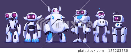 Futuristic robots or cartoon droid mascot characters and cosmic monsters, vector alien cyber bots. Funny digital droids and futuristic robots with display faces, cute electronic creature characters 125283386