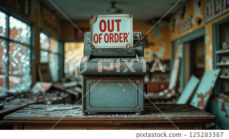 Old vintage cash register with an out of order sign in an abandoned store filled with debris in a forgotten town 125283387