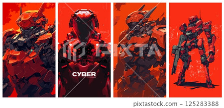 robot cyborg cartoon set. military robots on red background, cyborgs cyber game character bionic iron artificial digital technology fiction fantasy vector illustration 125283388